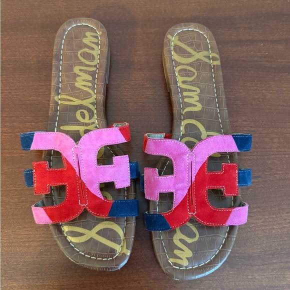 Sam Edelman Shoes - Sam Edelman Multicolor Suede Slide Sandals - Pink, Red, Navy on Brown Footbed